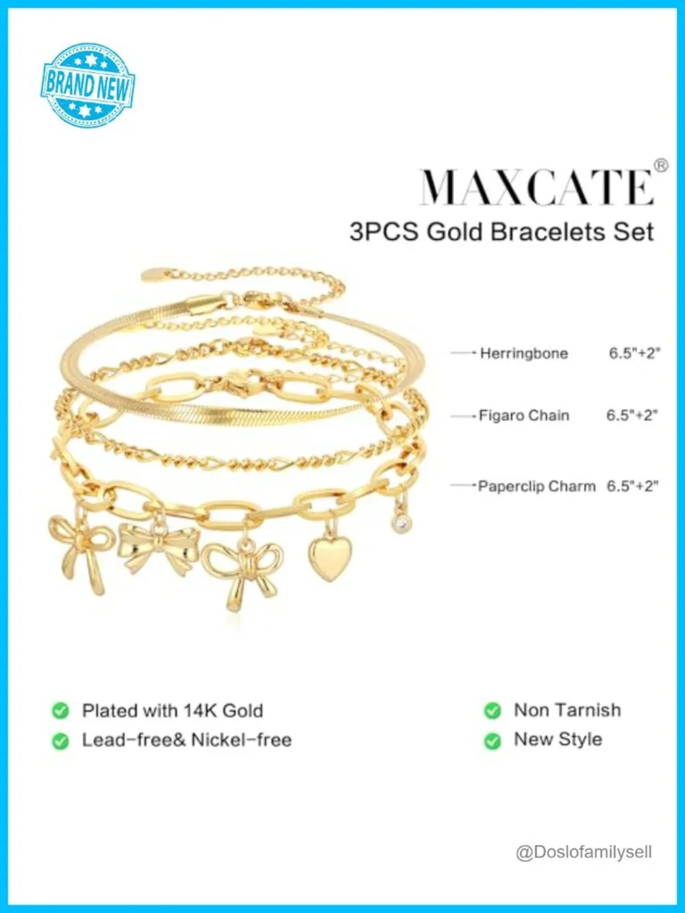 3PC Charm Gold Bracelet Set Non Tarnish 14k Plated Dainty Stackable Trendy